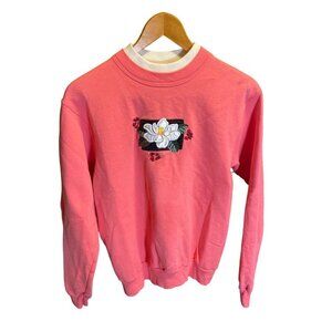Vintage 90s Flower Embroidered Top Stitch Pink Pullover Sweatshirt Top